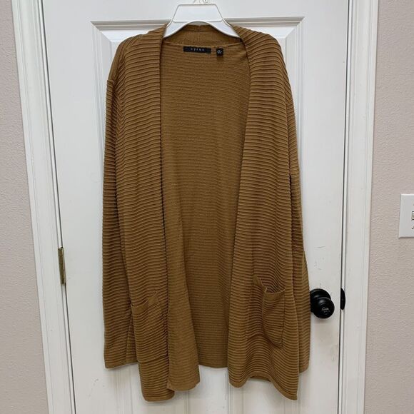 Cyrus Women's Long Cardigan Sweater XL Mustard Yellow Brown Pockets Casual Work - Picture 1 of 5